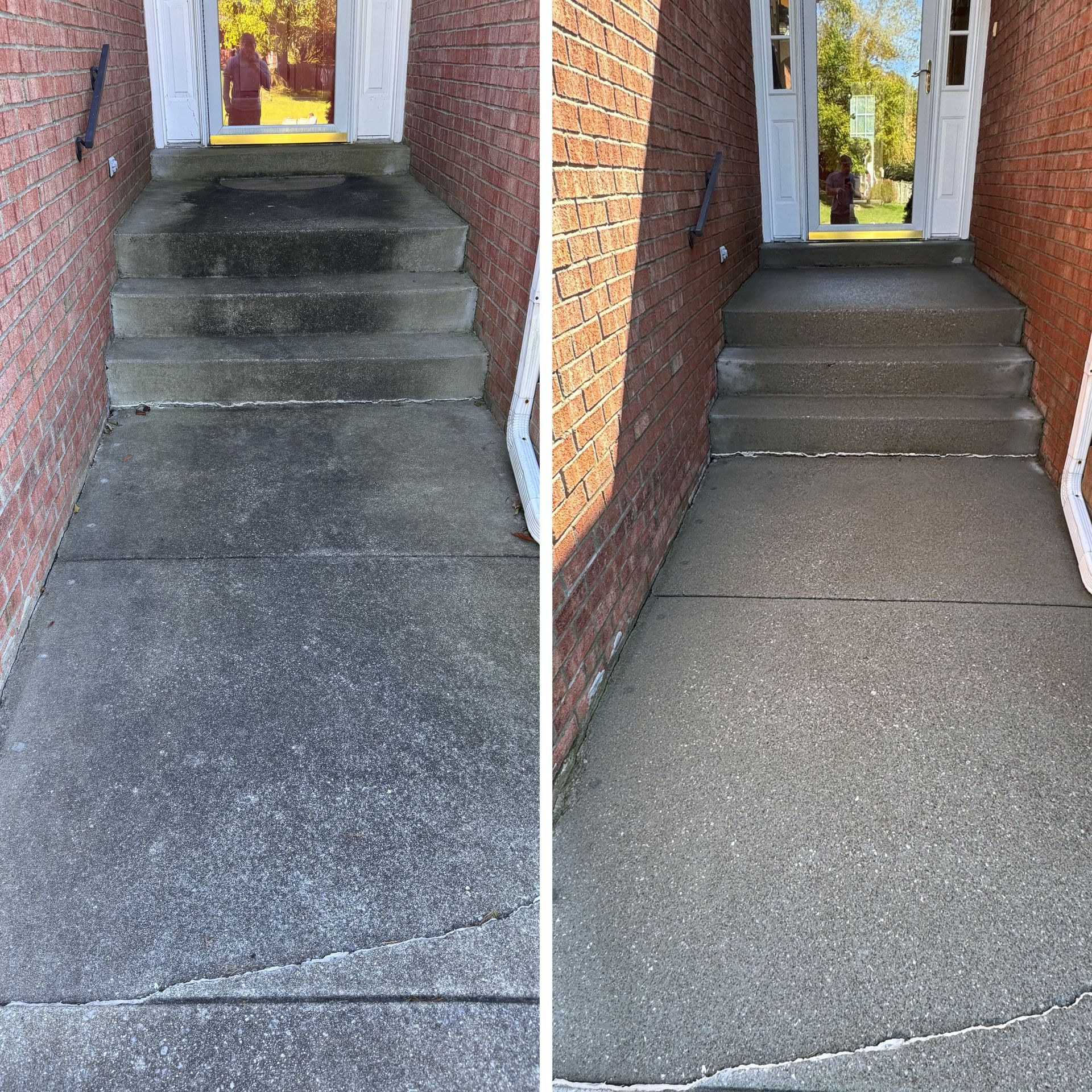 Before and after comparison of a concrete walkway and stairs; the 