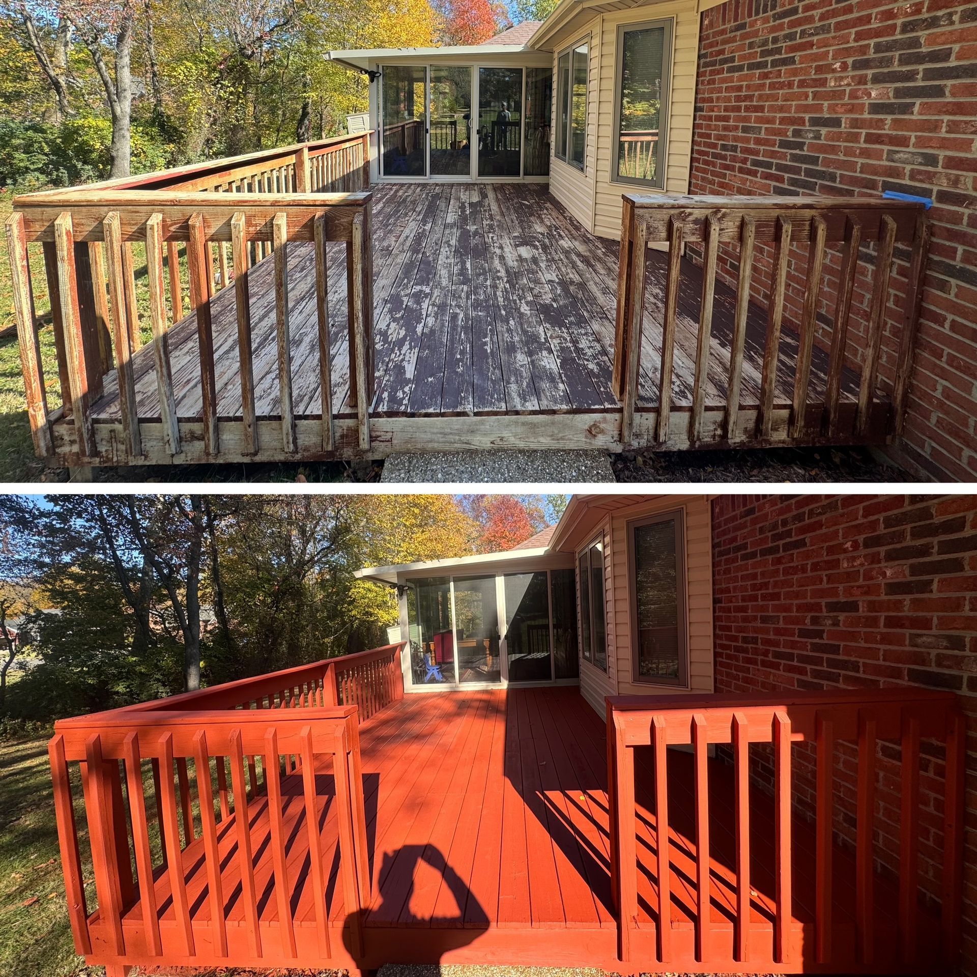 A before and after picture of a deck being painted red
