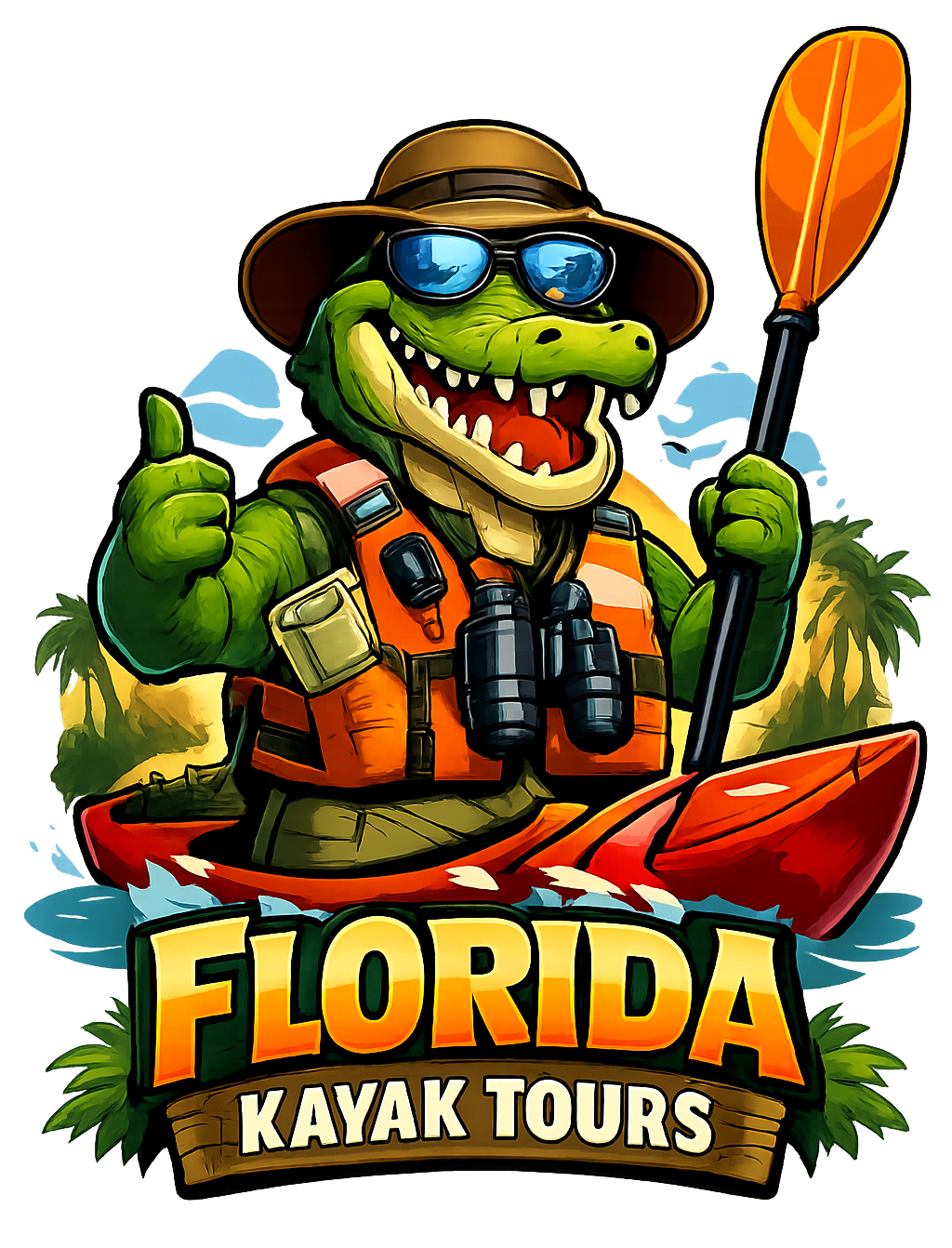 Cartoon alligator in a kayak, wearing sunglasses and a life vest, holding a paddle, thumbs up. Florida kayak tours logo.