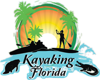 Kayaking Florida logo: Sun, palm trees, kayakers, paddle boarder, manatee, alligator, and water.