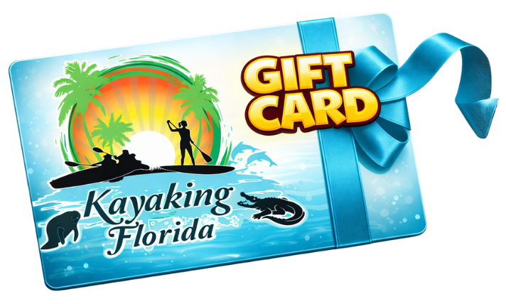 Gift card for Kayaking Florida; features a blue bow, palm trees, a kayaker, and an alligator.