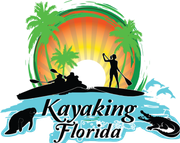 Logo: Kayaking Florida, silhouette kayakers, paddleboarder, manatee, alligator, palm trees, sunrise.