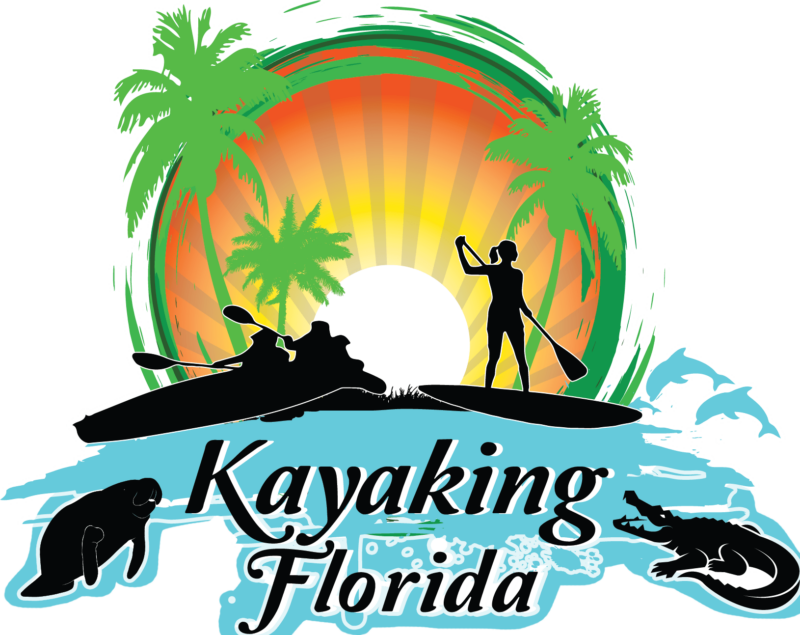 Logo: Kayaking Florida, silhouette kayakers, paddleboarder, manatee, alligator, palm trees, sunrise.