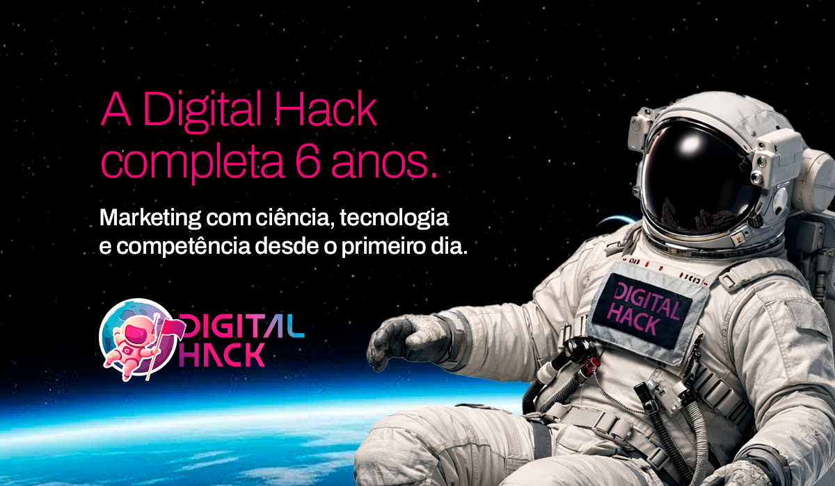 Digital Hack celebrates 6 years. Astronaut in space with company logo and text about marketing.
