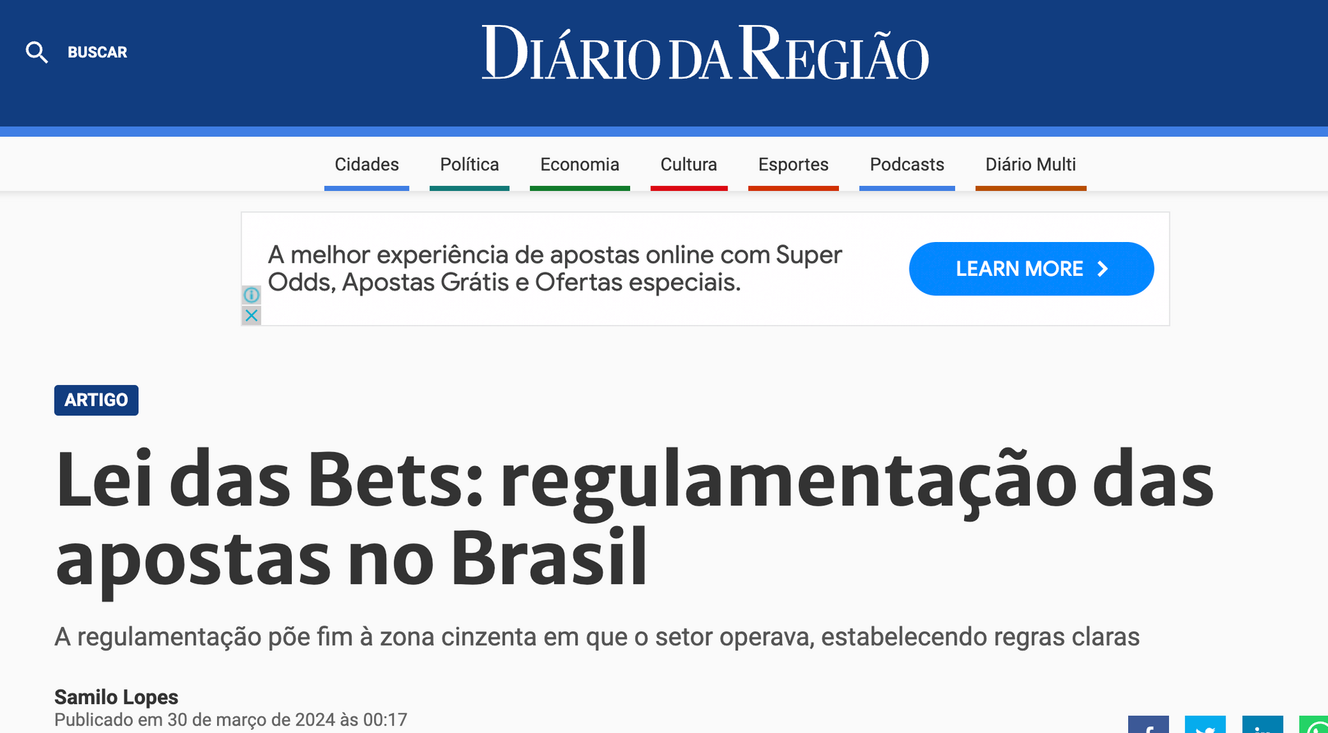 A screenshot of the diario da regiao website