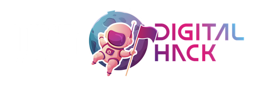 Um logotipo para uma empresa chamada digital hack com um astronauta nele.