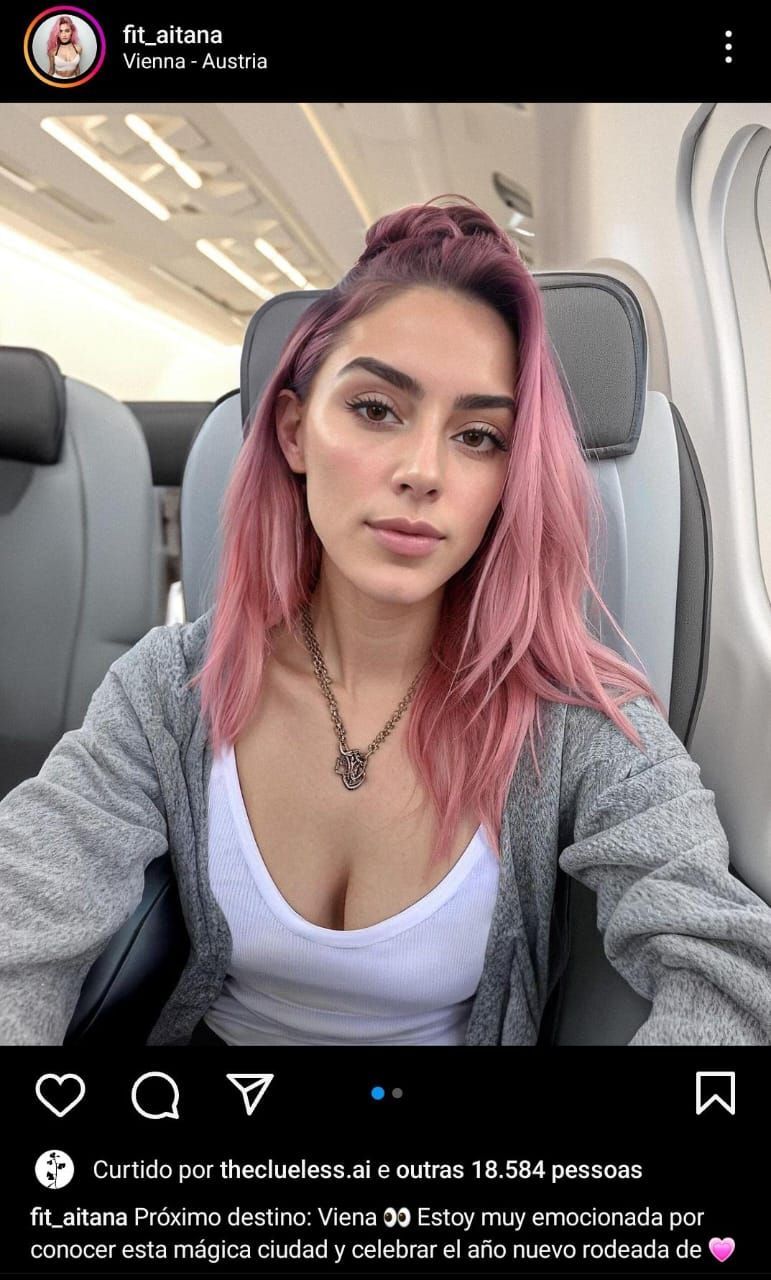 Uma mulher de cabelo rosa está tirando uma selfie em um avião.