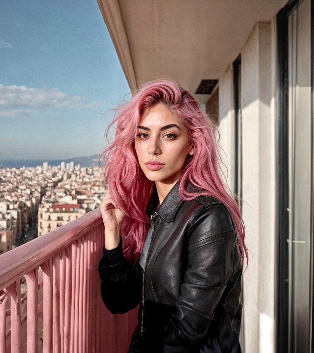 Uma mulher de cabelo rosa está parada em uma varanda.