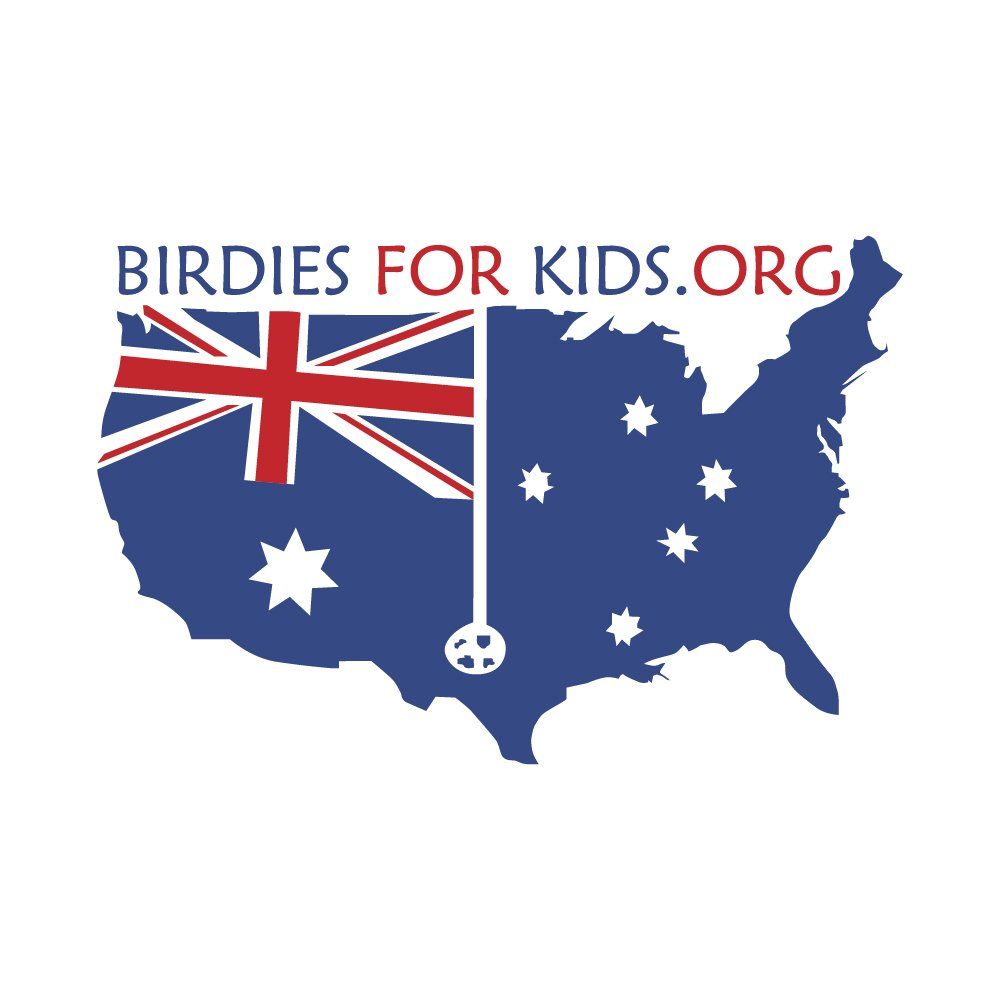 Blue outline of the United States with an Australian flag, golf ball, and the words