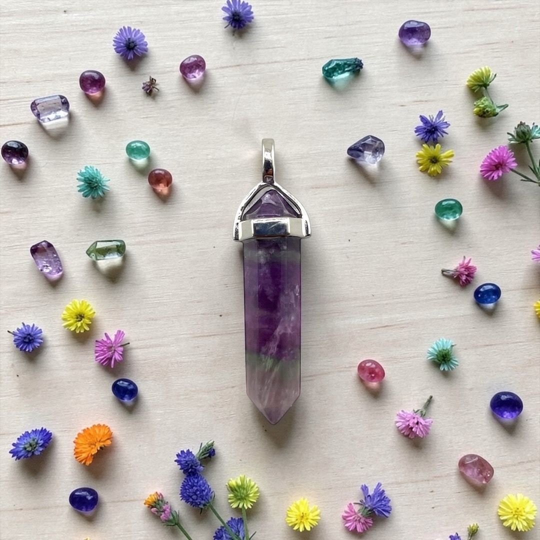 Pendente Laser Doppia Punta - Fluorite Arcobaleno