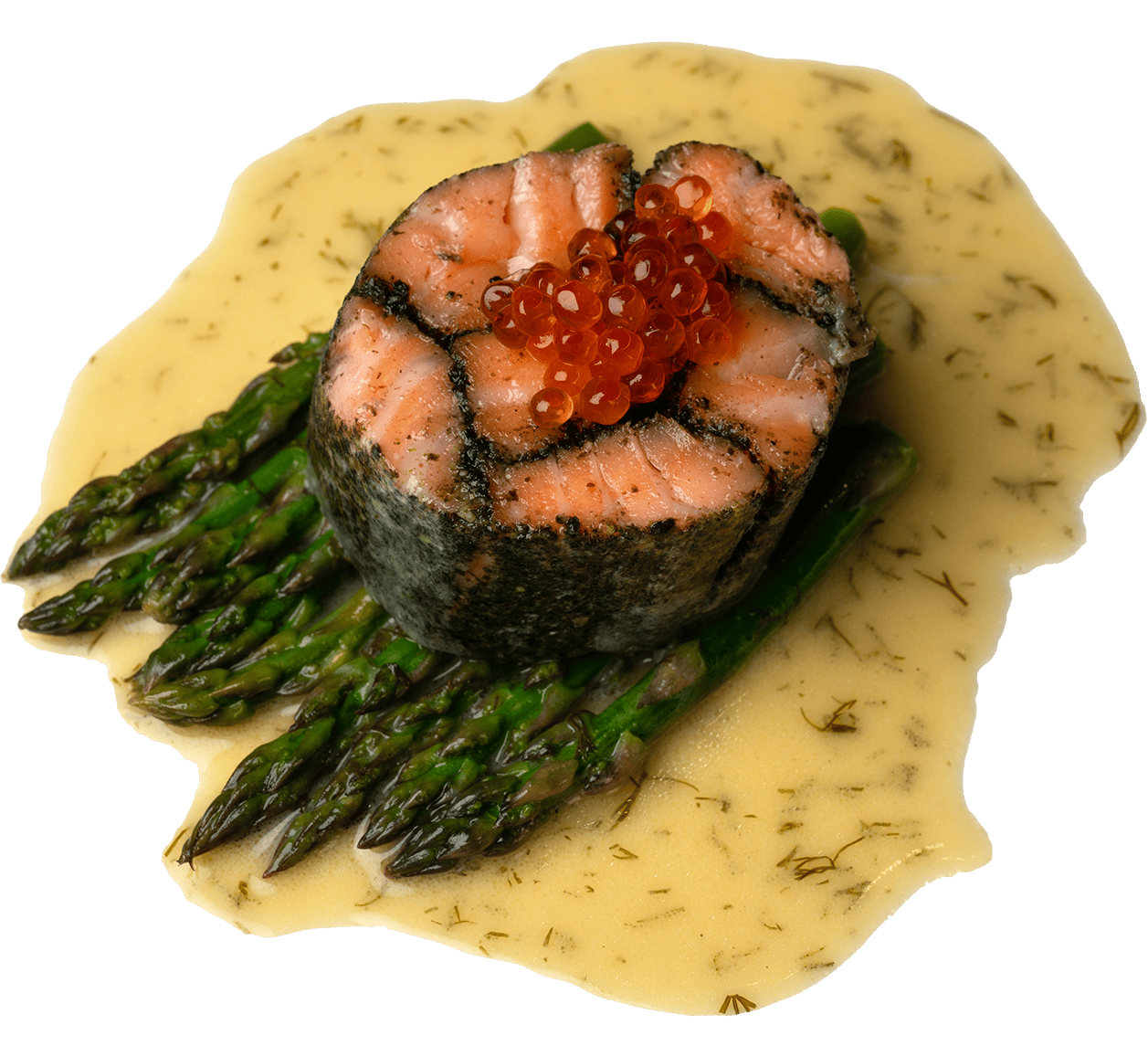 A sushi roll with caviar on asparagus, surrounded by sauce
