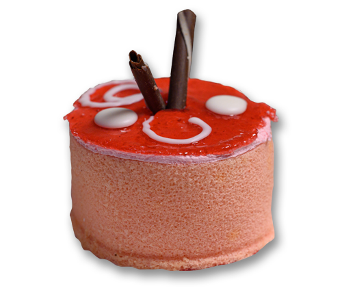 A delicious cake with red icing, white swirls, and chocolate sticks