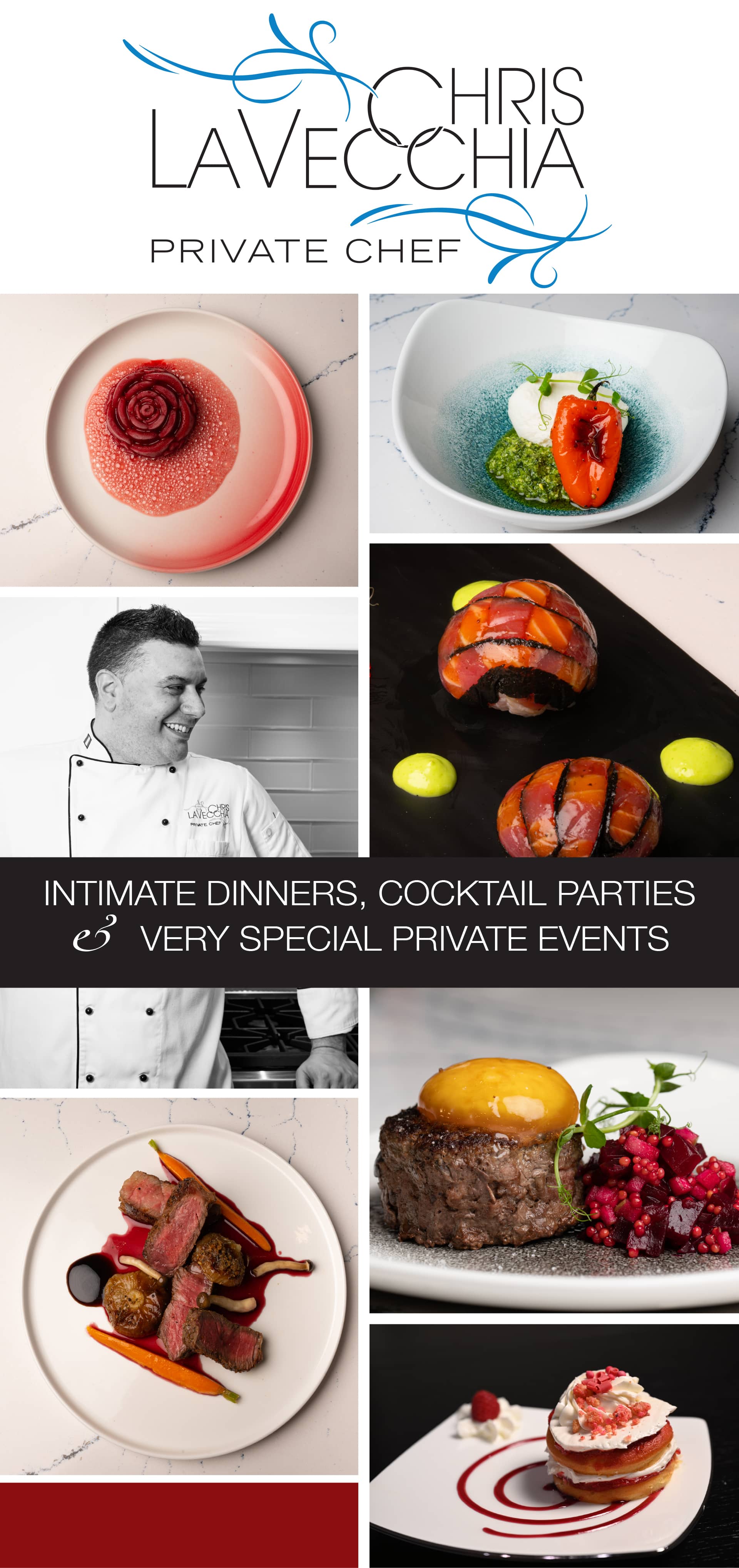 Ad for Chris LaVecchia, a private chef, showcasing exquisite dishes for special events
