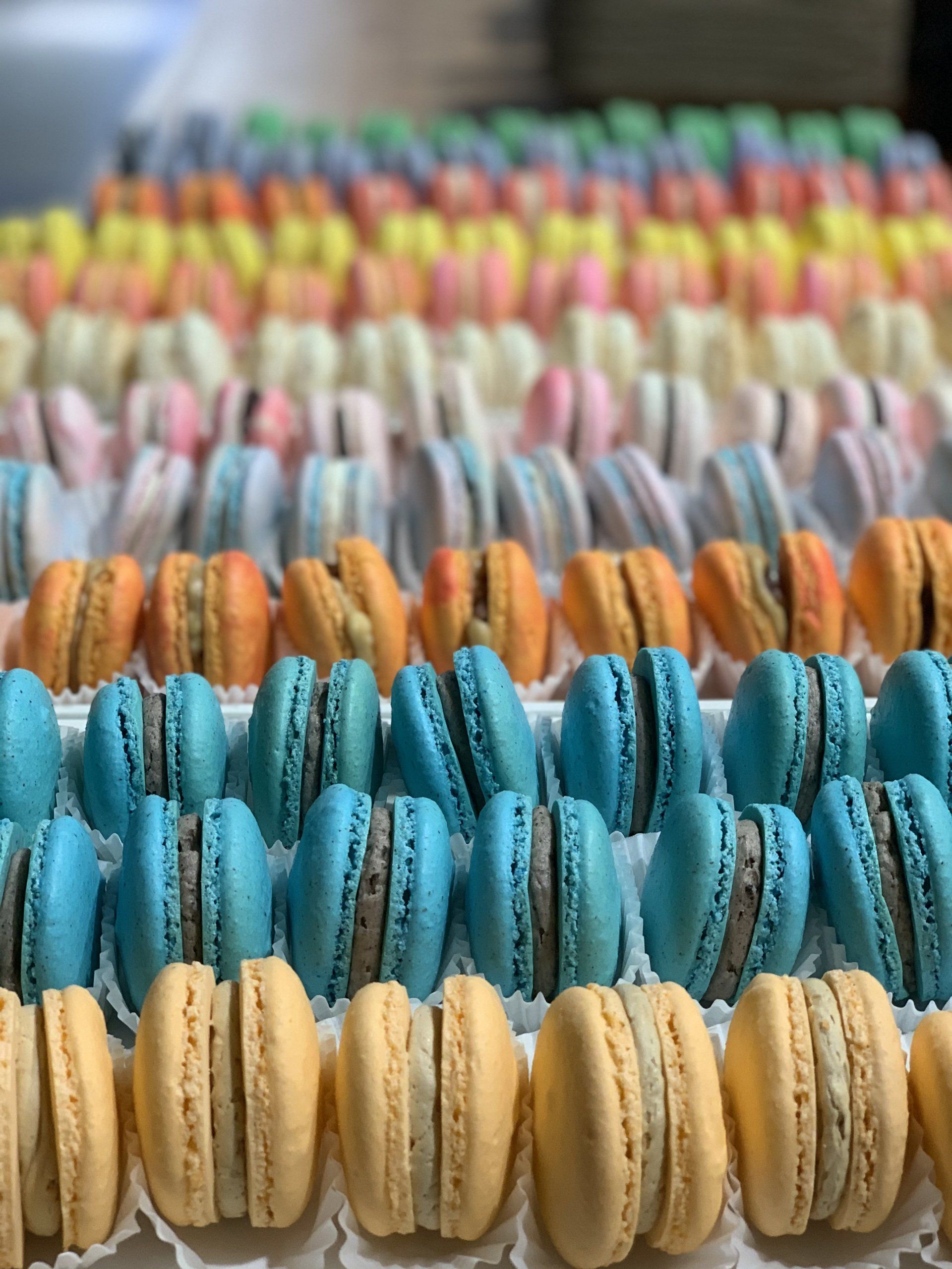 A bunch of macarons are lined up in rows on a table.