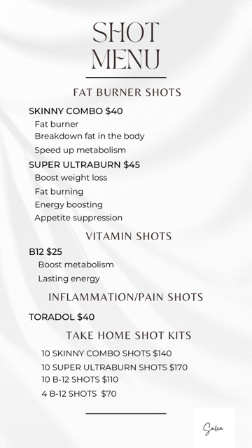 Shot menu listing fat burner, vitamin, and inflammation shots, with take-home shot kits.