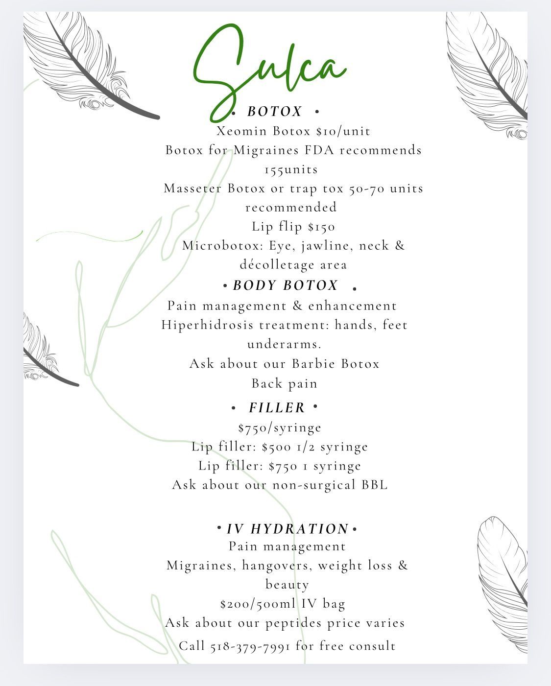 Menu for Sulca, offering Botox, fillers, and IV hydration services, with decorative feather and leaf illustrations.