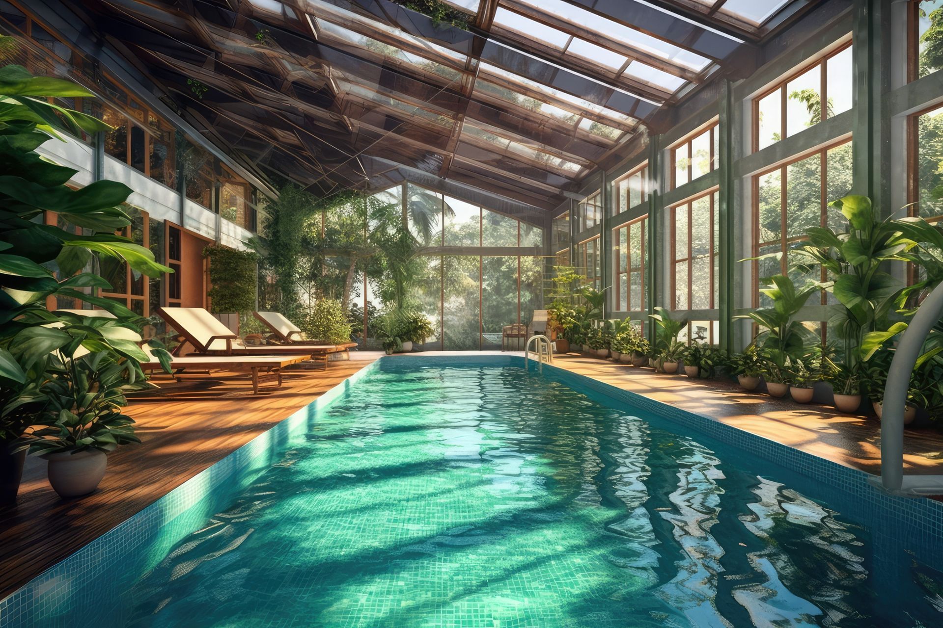 a sunroom with a swimming pool