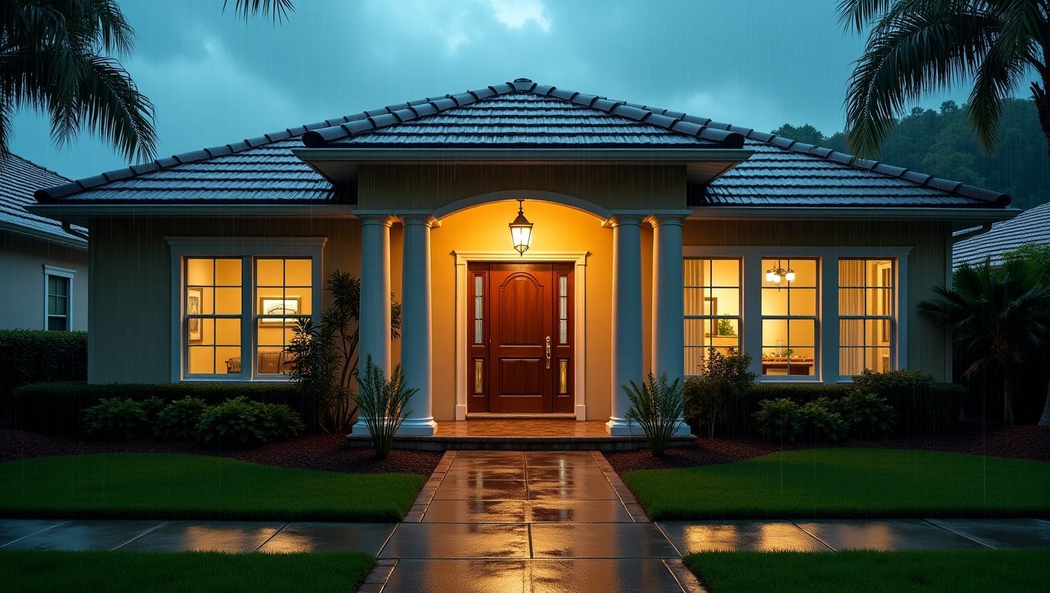 Florida home with a covered entryway featuring columns and lighting, providing protection 