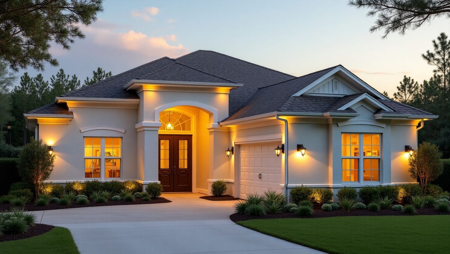 Beautiful Florida home exterior with custom aluminum soffit, fascia, seamless gutters, and elegant 