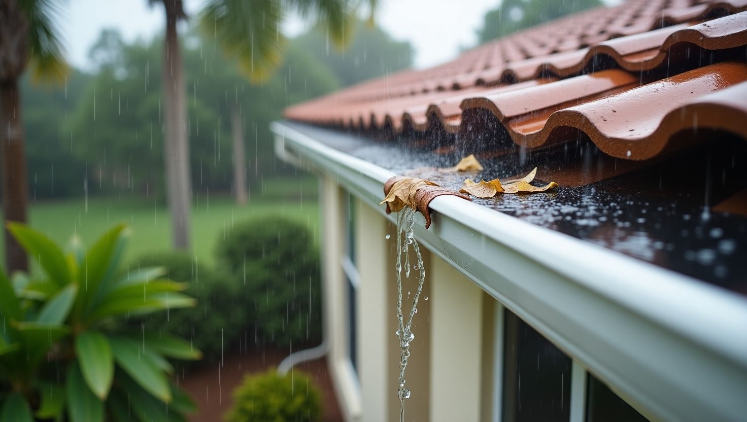 Rainwater overflowing from a clogged seamless gutter with fallen leaves during a heavy Florida storm