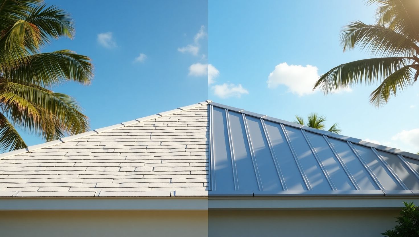 Split view of a Florida home’s roof showing wood fascia on the left and aluminum fascia on the right