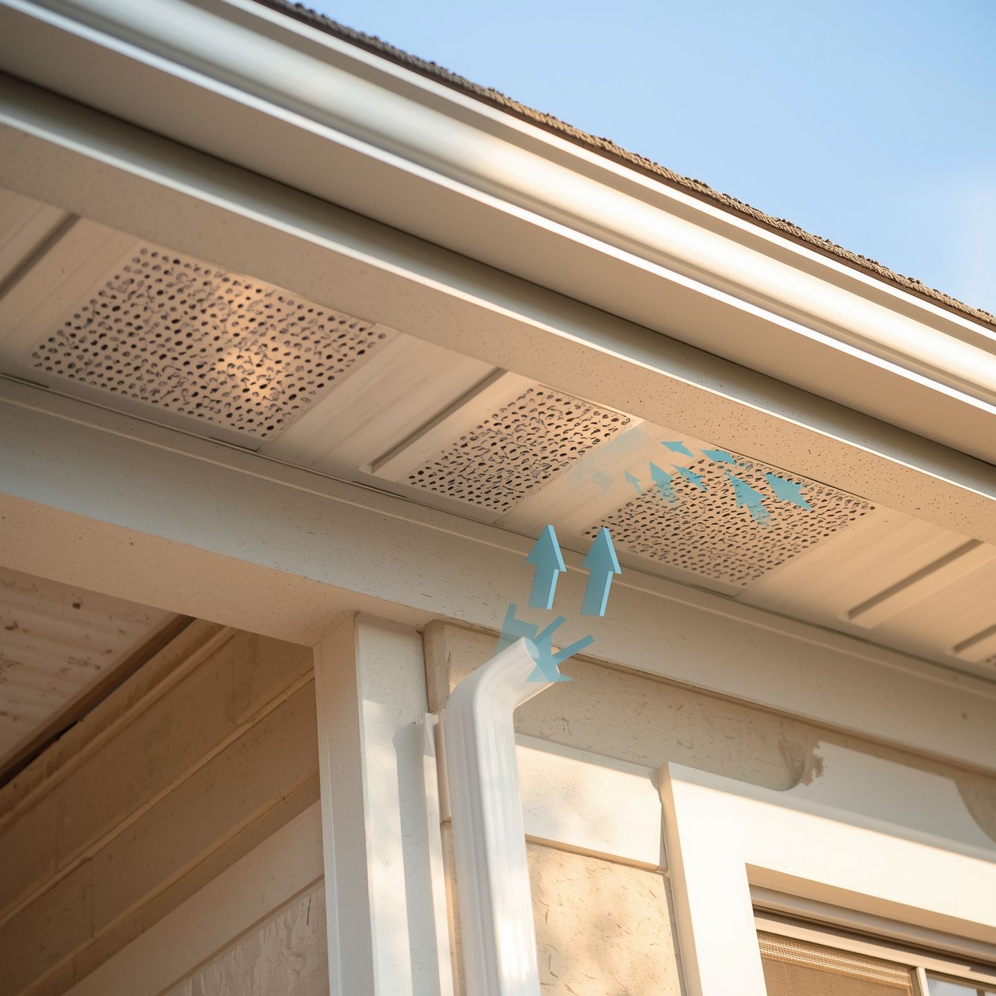 Close-up view of aluminum soffit vents installed under a home’s roof eave, showing airflow entering