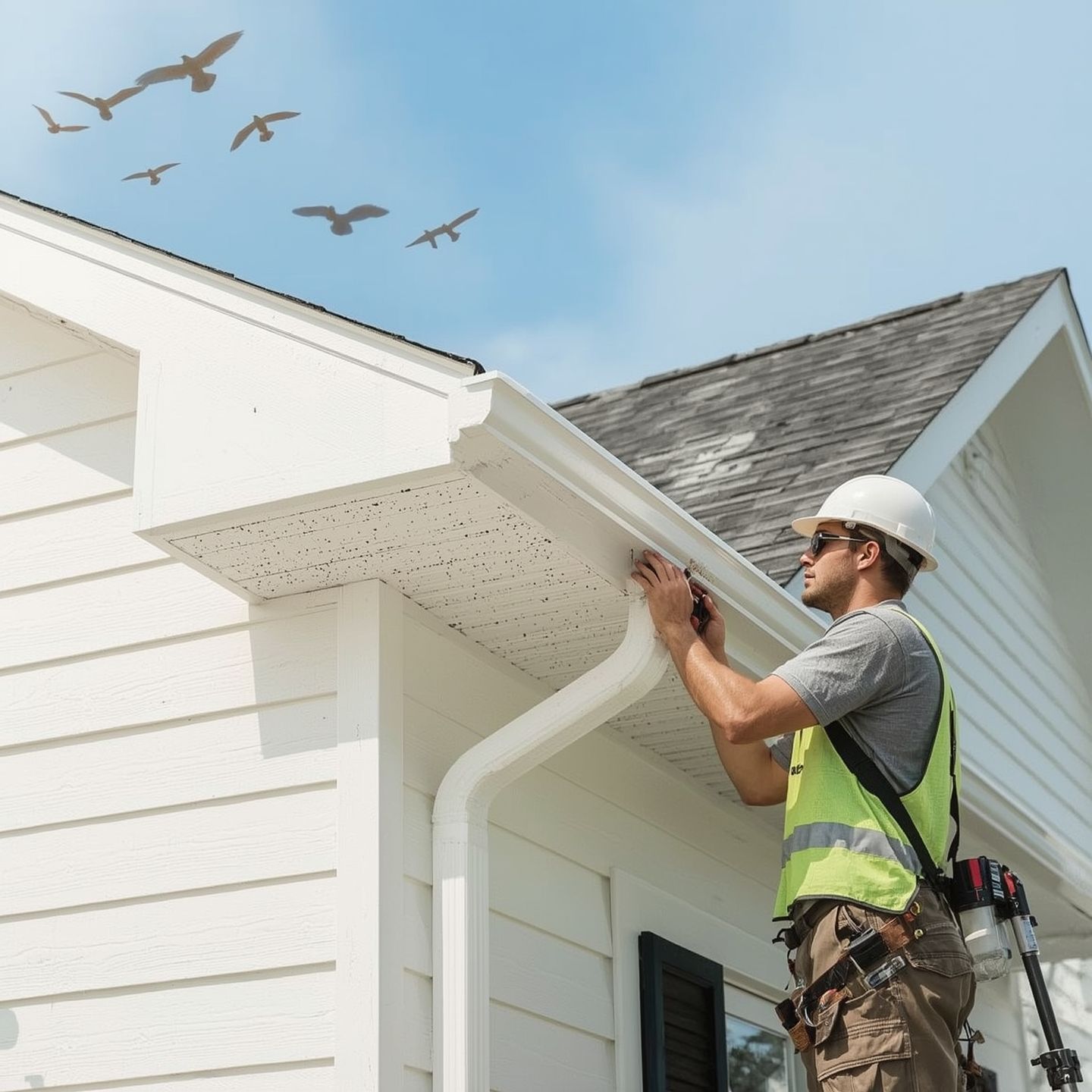 A professional checking the soffit of a home for damage