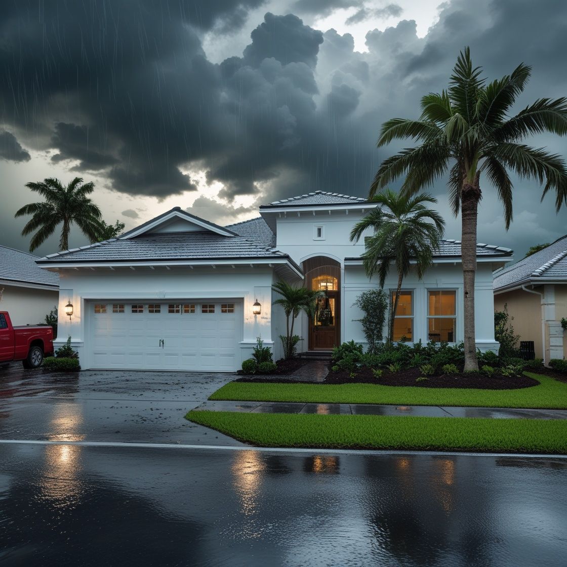 Modern Florida home with seamless aluminum gutters protecting the roof during a heavy rainstorm