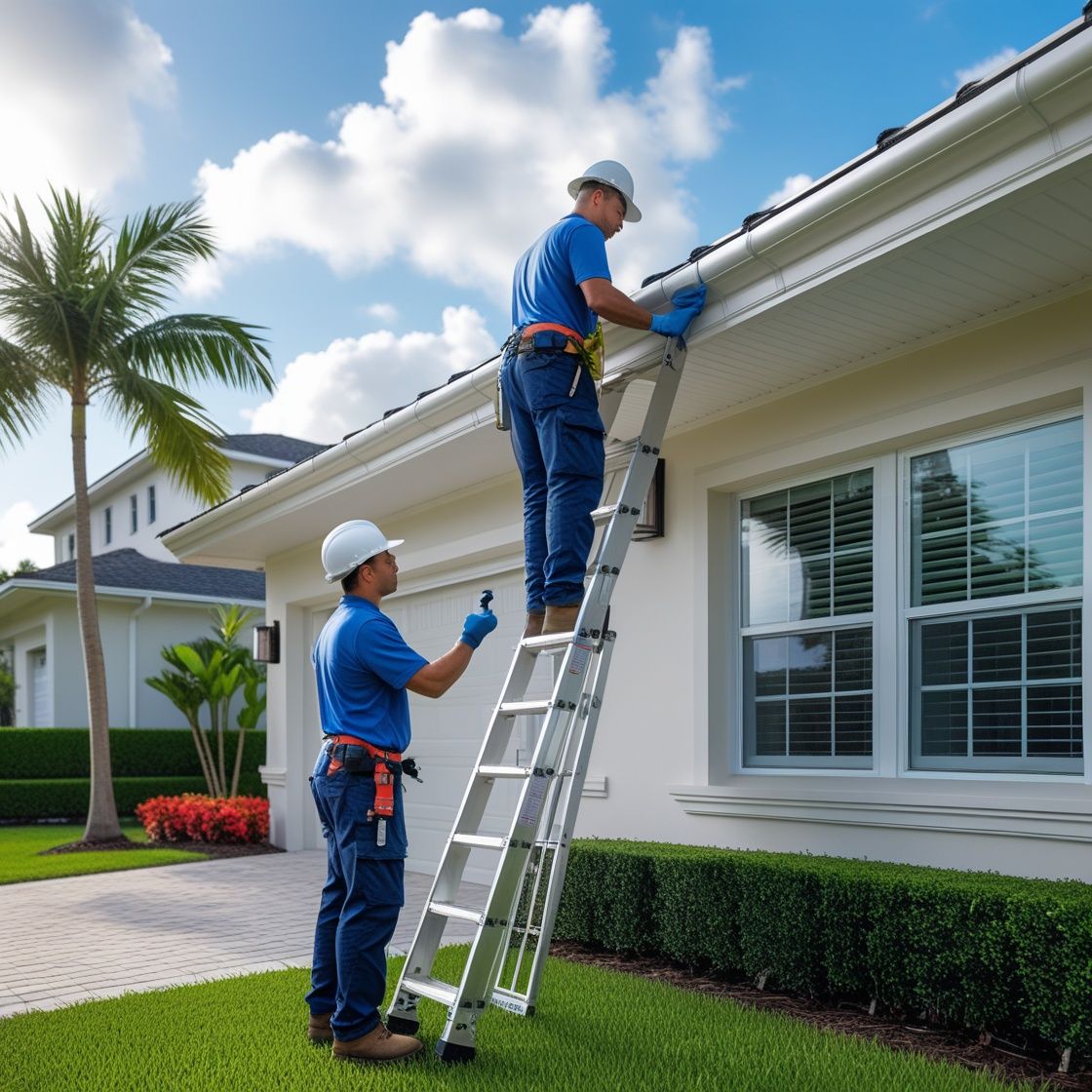 Florida home exterior maintenance with technicians inspecting and repairing soffit and fascia