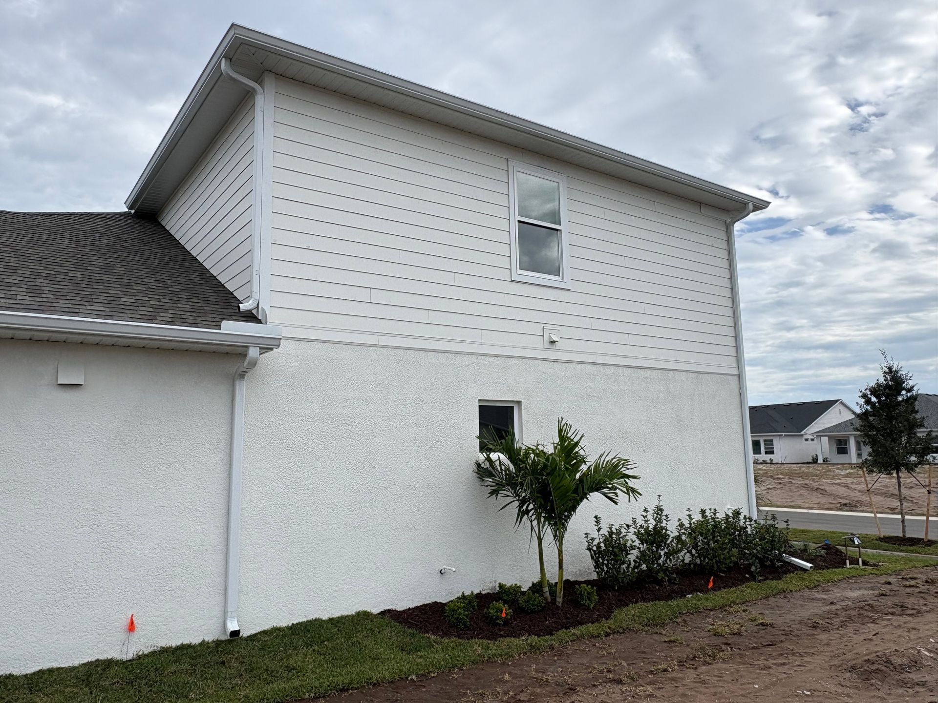 Two-story white house with light-colored siding, a small tree, and a cloudy sky.