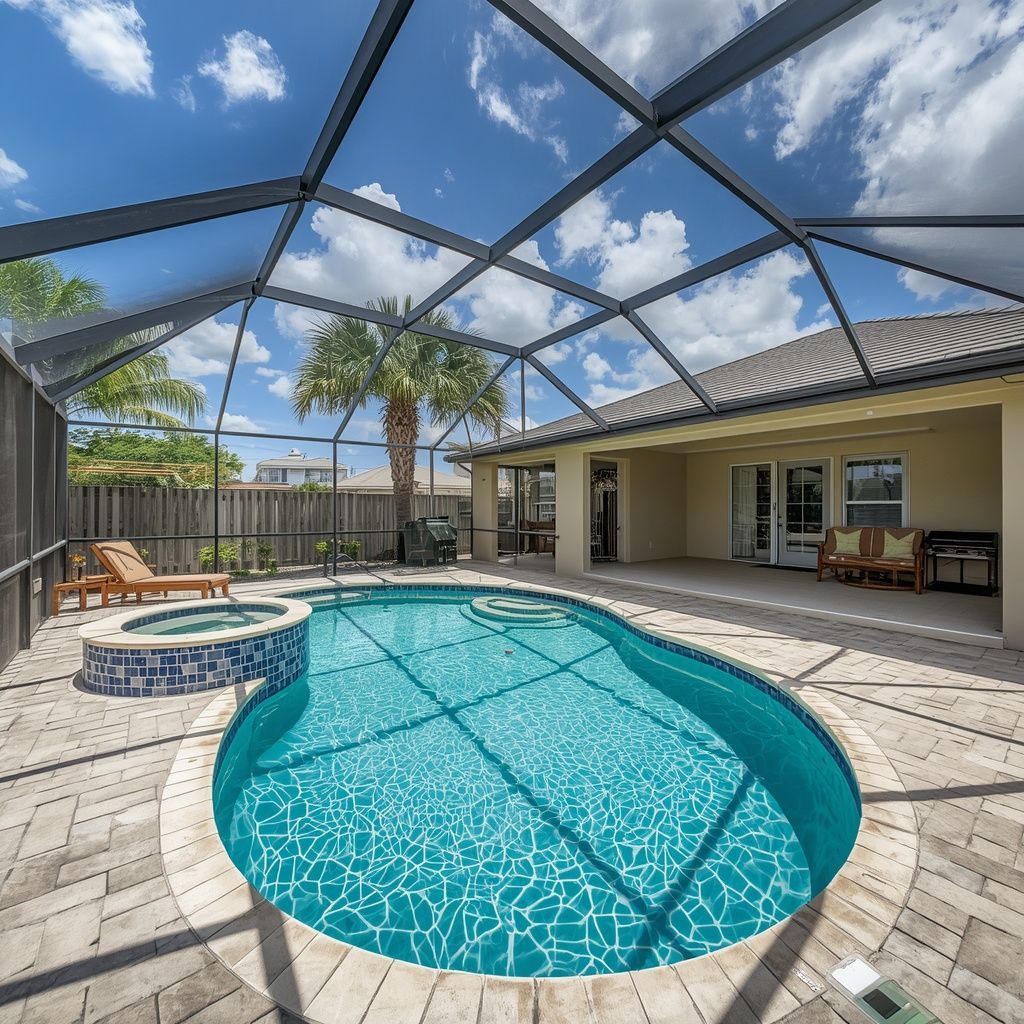 Florida backyard swimming pool enclosed by a screened aluminum pool enclosure