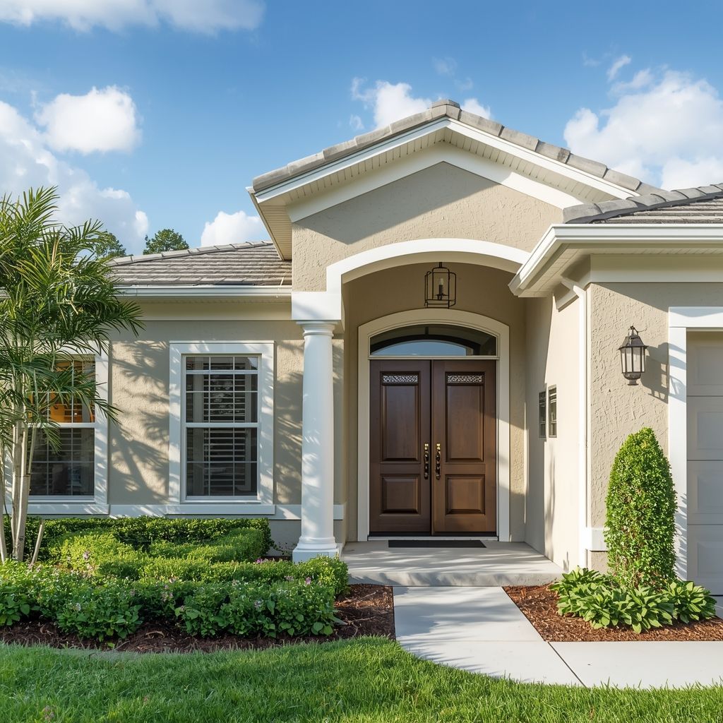 Front exterior of a modern Florida home with professionally installed aluminum soffit, fascia,
