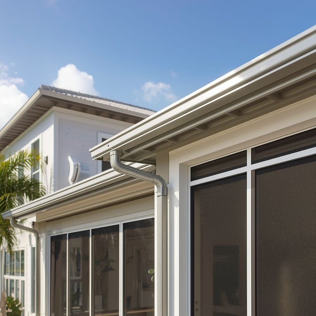 Exterior view of a modern Florida home featuring aluminum gutters.