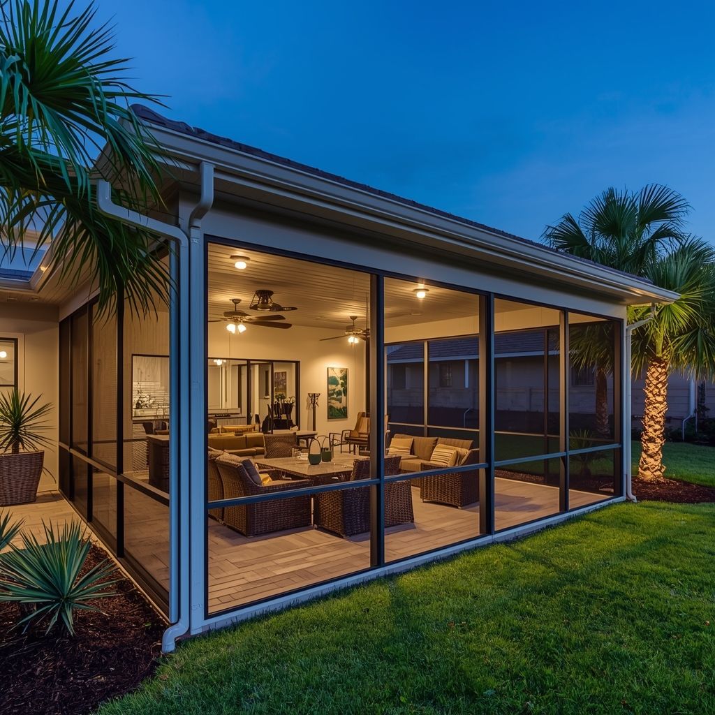Luxury custom Florida lanai with aluminum screened enclosure, ceiling fans, recessed lighting.