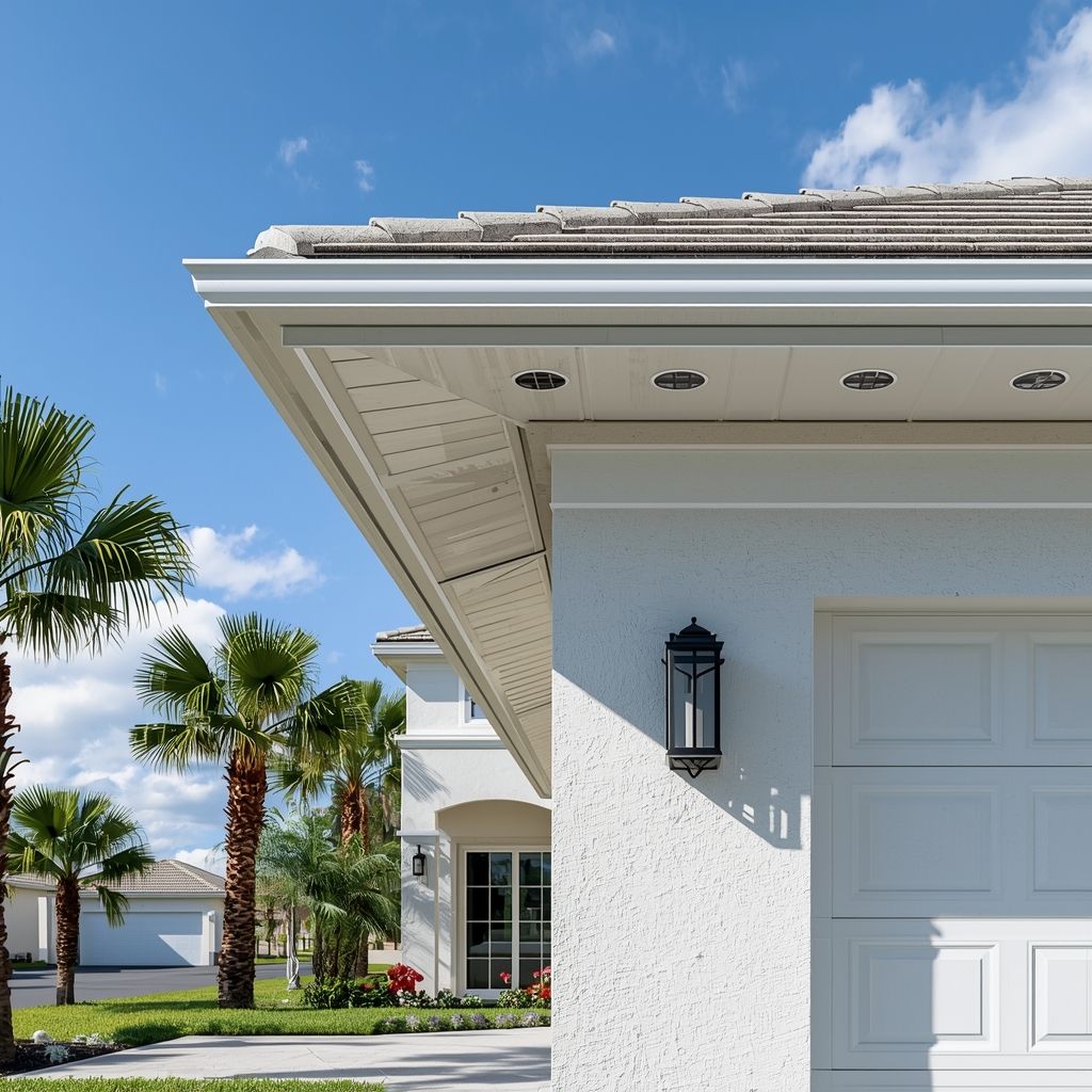 Modern Florida home exterior featuring premium aluminum soffits, palm trees, and clean roof 