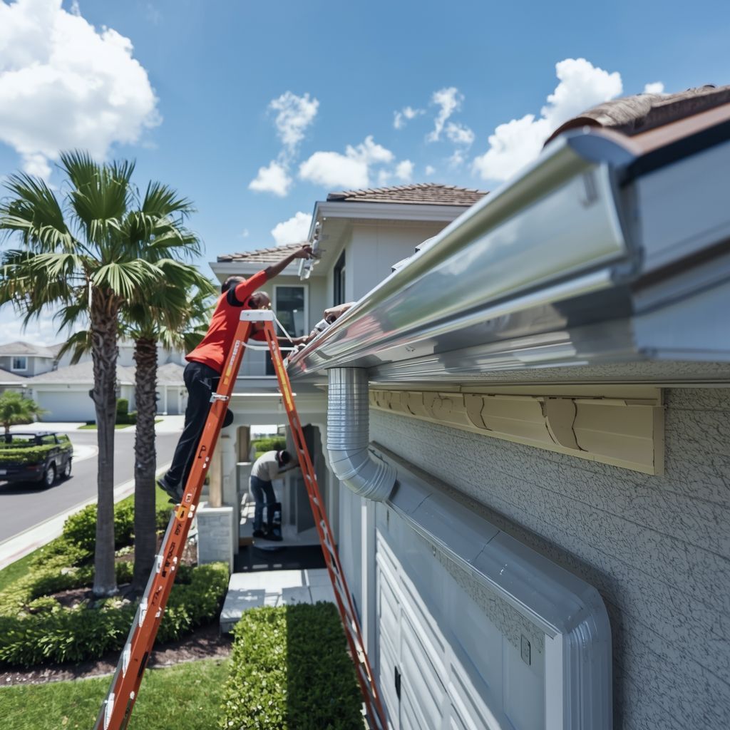 Contractor installing seamless aluminum gutters on a Florida home using a ladder during professional