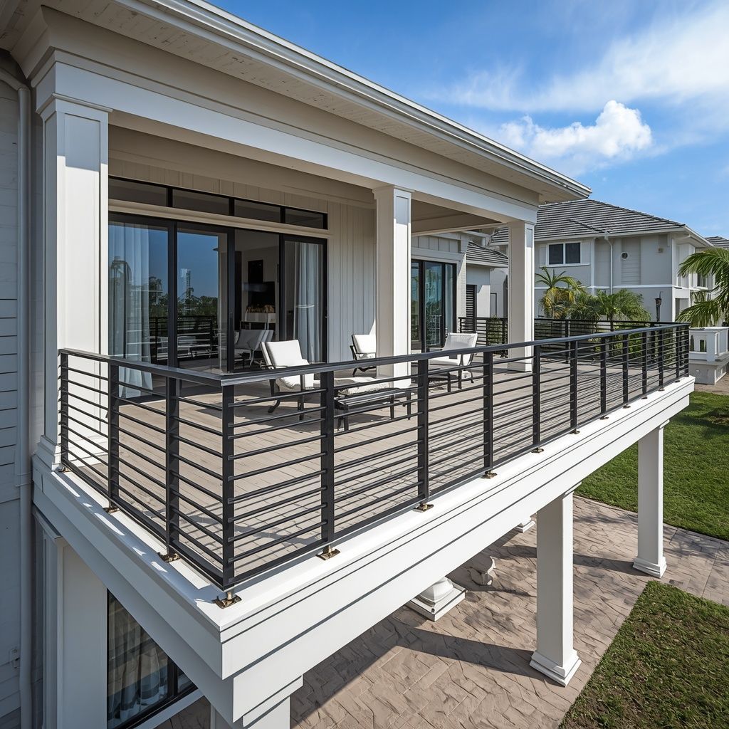 Luxury Florida home featuring modern aluminum railings on an elevated deck