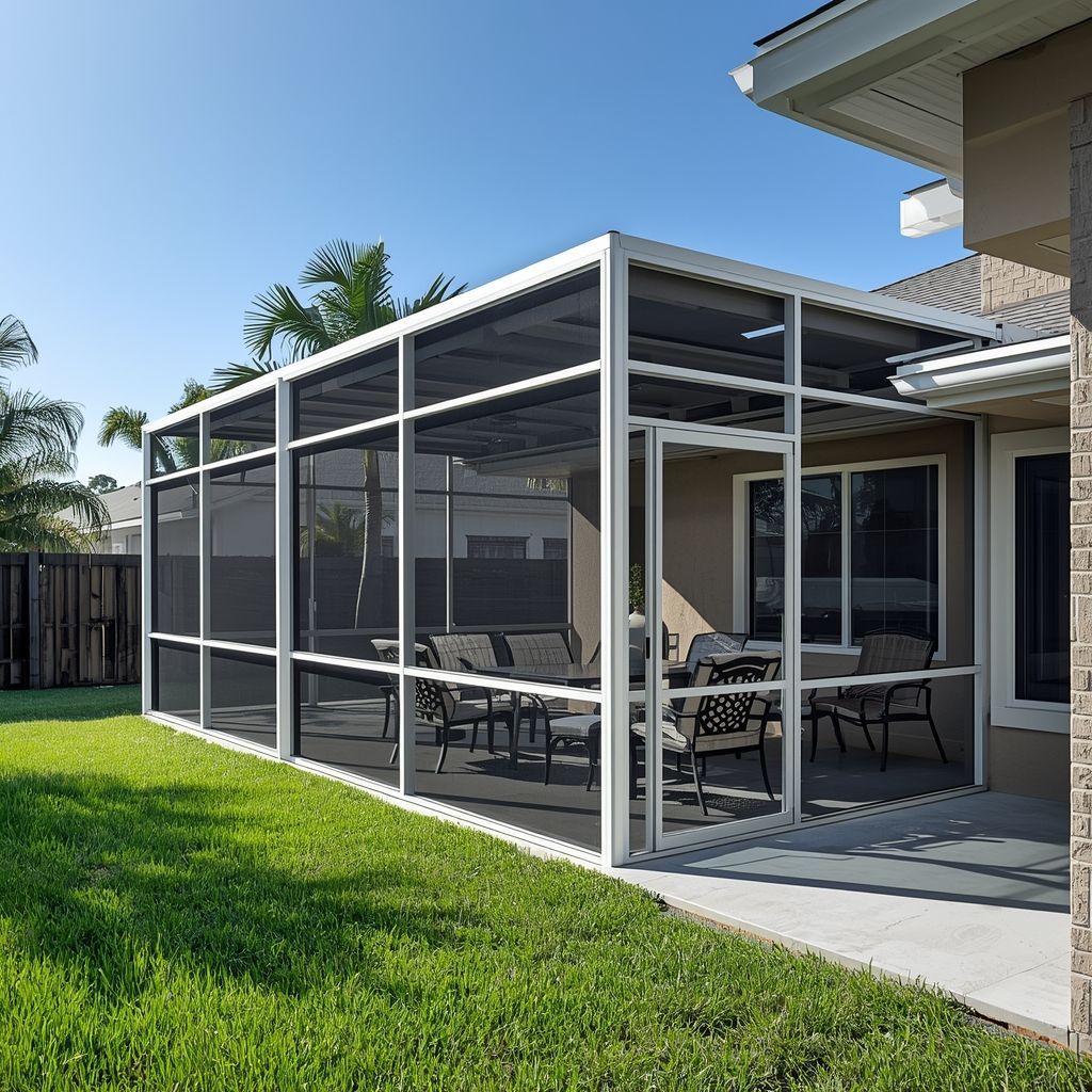 Modern Florida backyard with an aluminum-framed screen enclosure attached to a home.