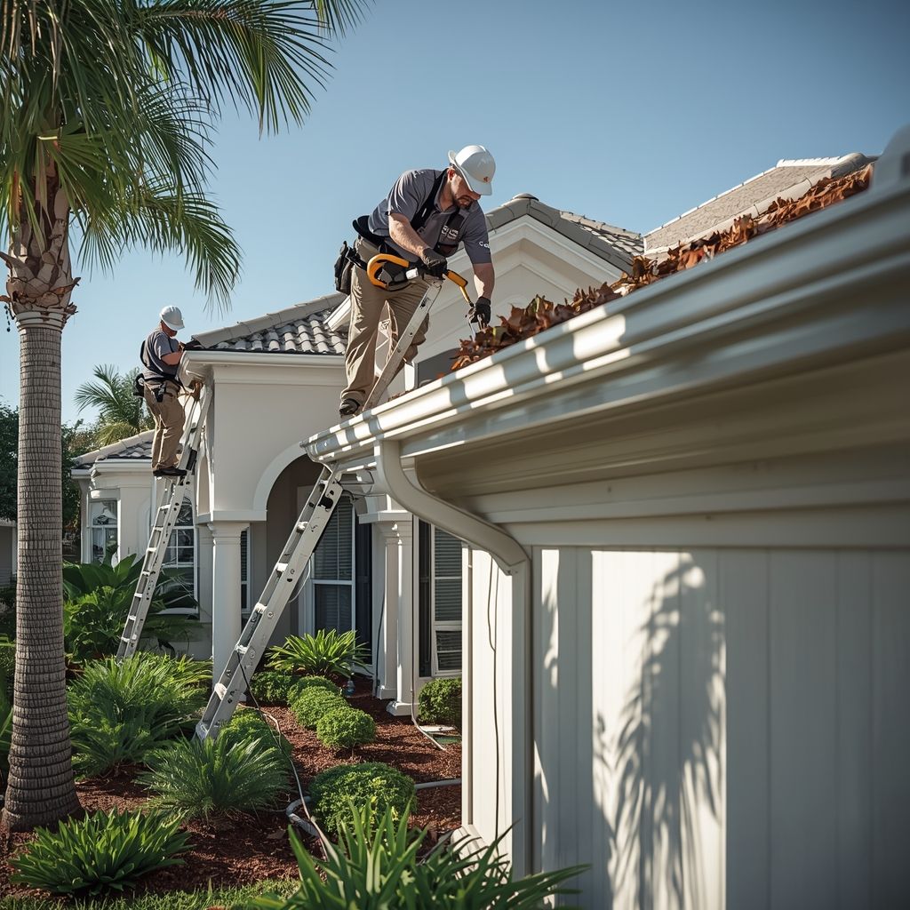 Professional workers cleaning gutters on a Florida home roof with ladder and safety equipment