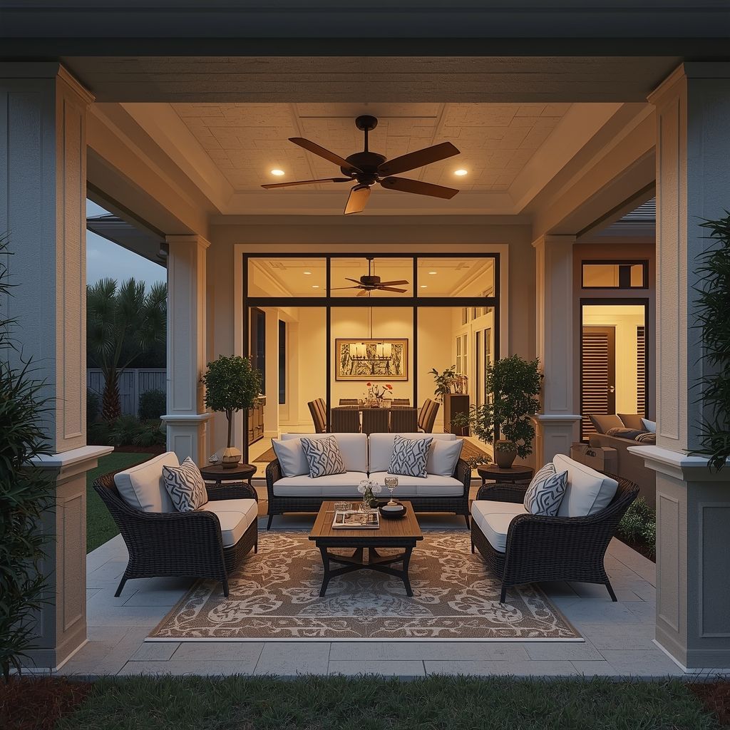 Beautiful backyard lanai with covered patio seating, ceiling fan, and outdoor living furniture.