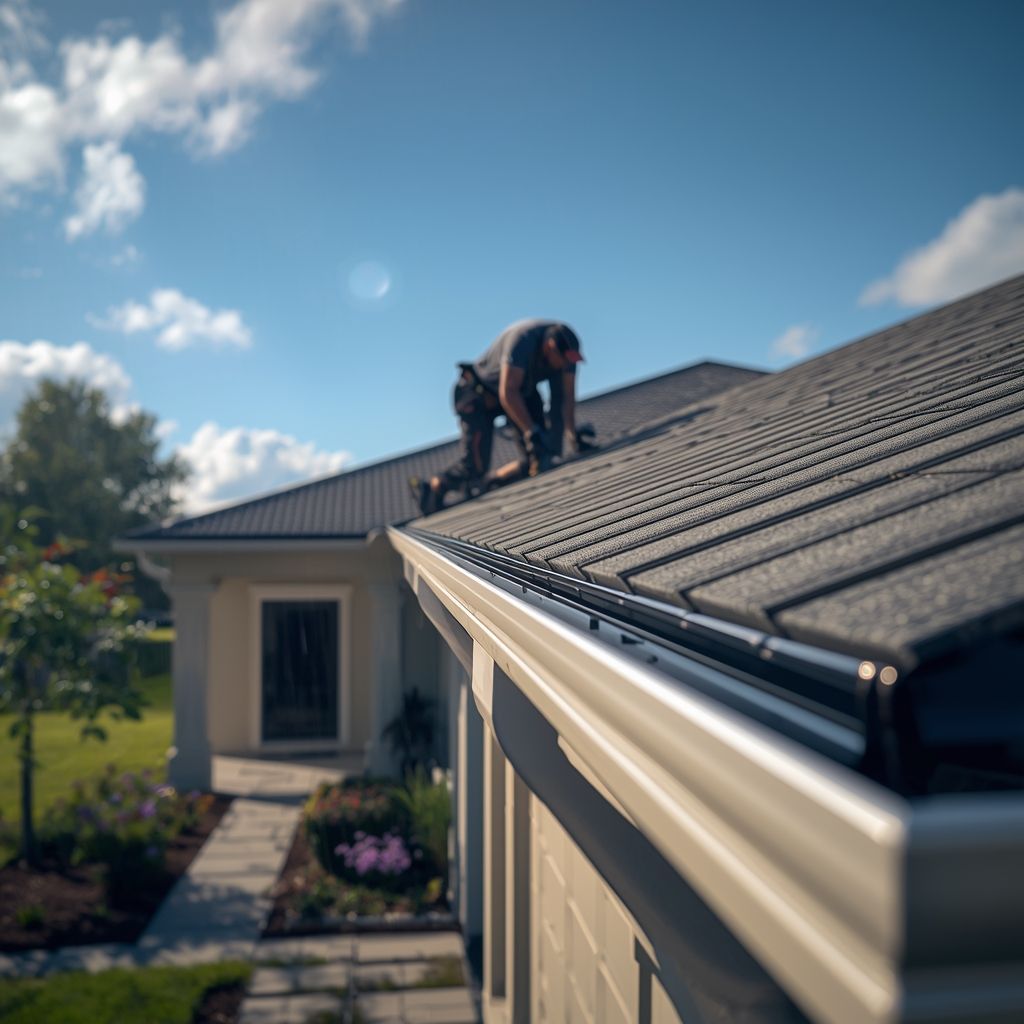 Professional seamless gutter installer working on roof of Florida home with newly installed aluminum