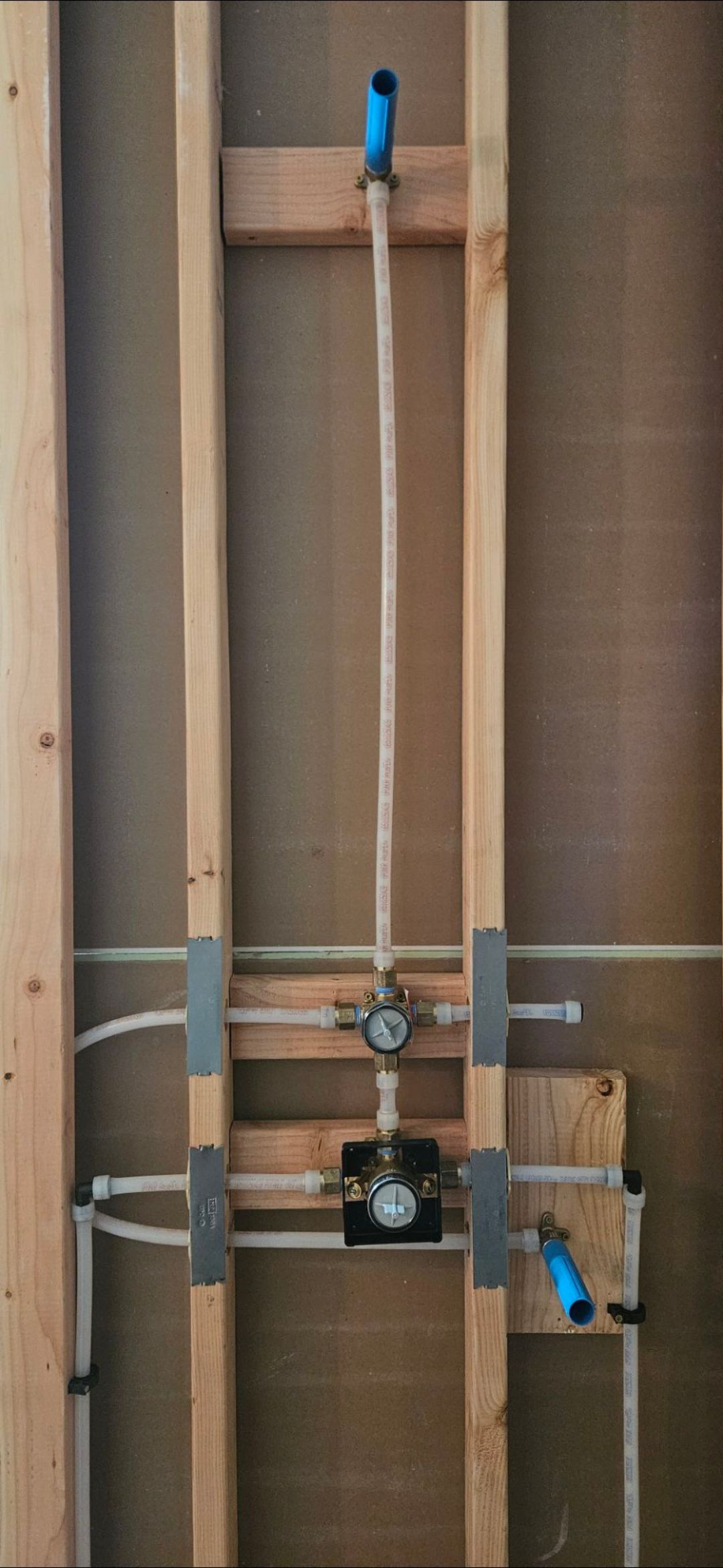 Plumbing for a shower with PEX pipes and valves mounted in a wall.