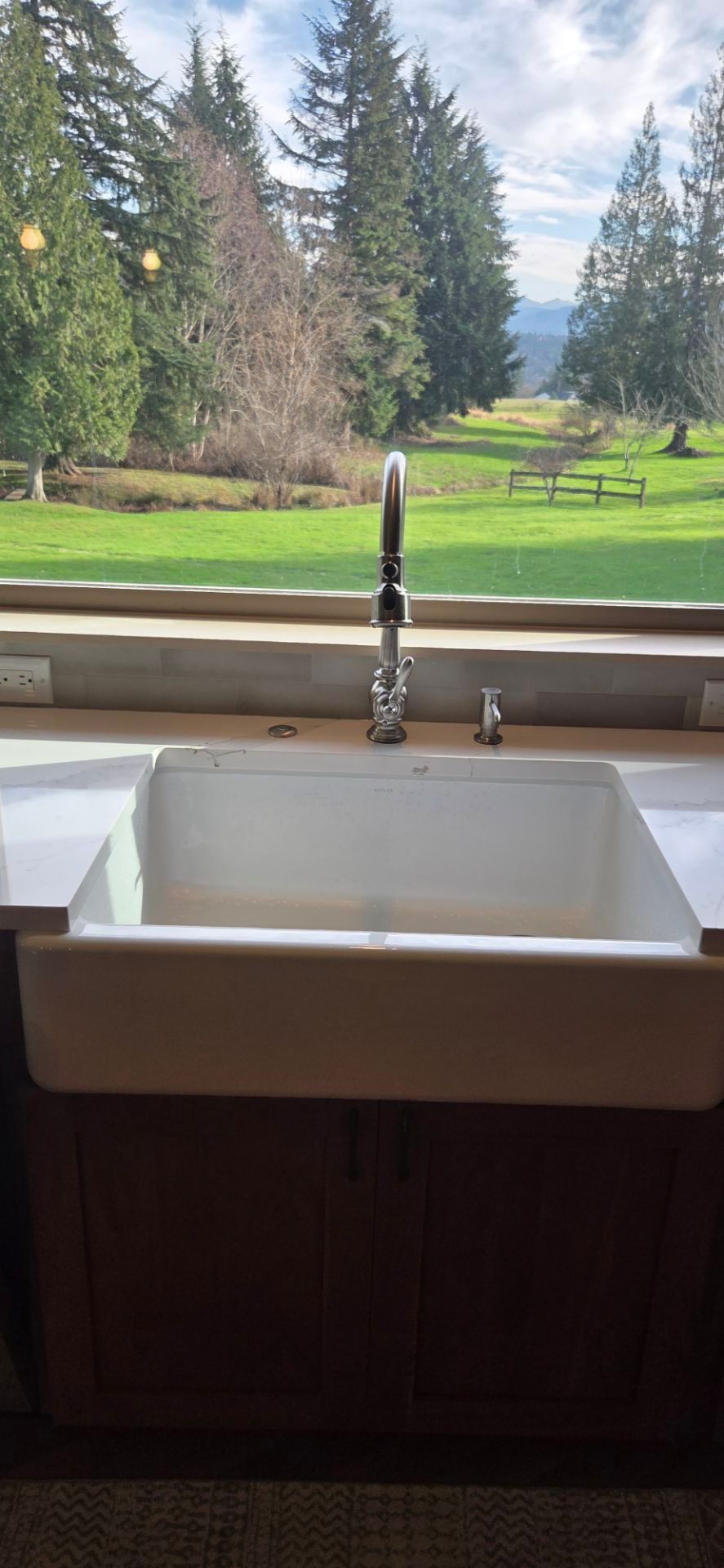 A white kitchen sink with a view of a green field, trees, and sky from a window.