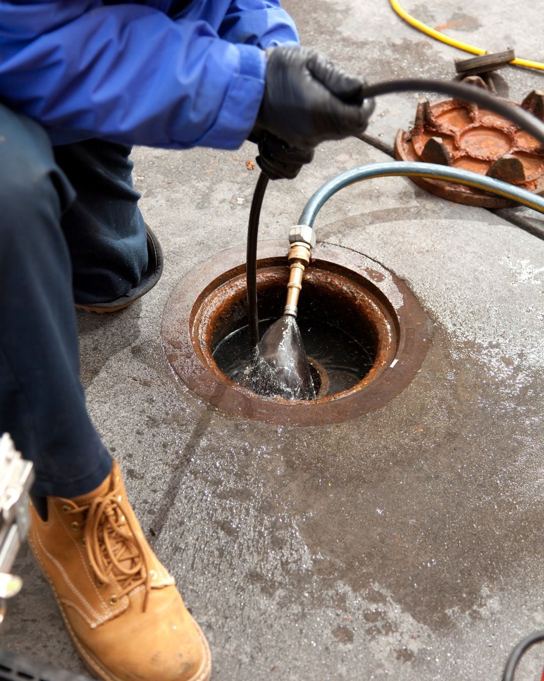 Person in blue jacket and gloves cleaning a drain with a hose.