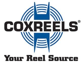 Coxreels logo: Blue and white emblem with the company name and tagline.
