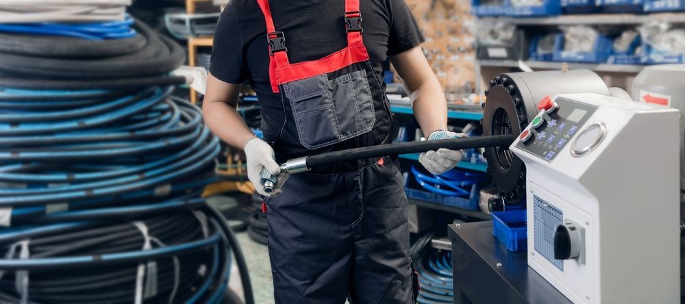 Mechanic wearing red and black overalls, working with hoses in a workshop.