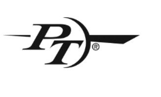 PT logo with curved line and stylized arrow.