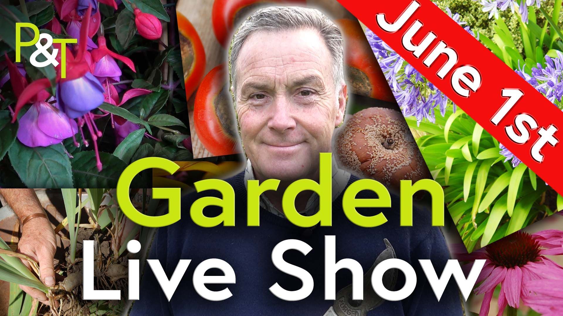 Image shows a montage of gardening images from fuchsias to tomatoes with blossom end rot. Martin is in the centre of the image with the words 'Garden Live Show' over the top.