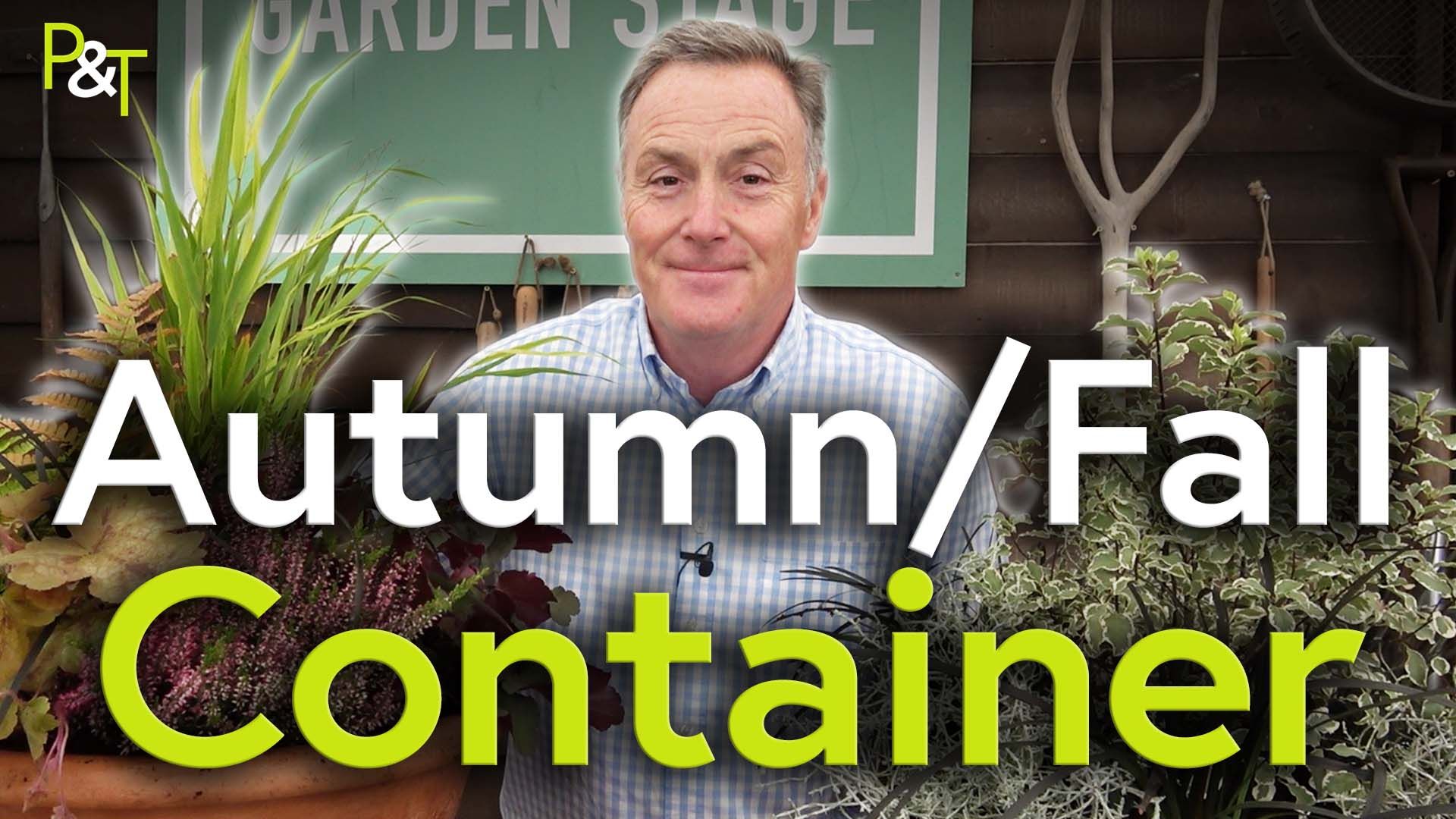 Martin stands in front of two Autumn (Fall if you're American) containers either side of him, the text