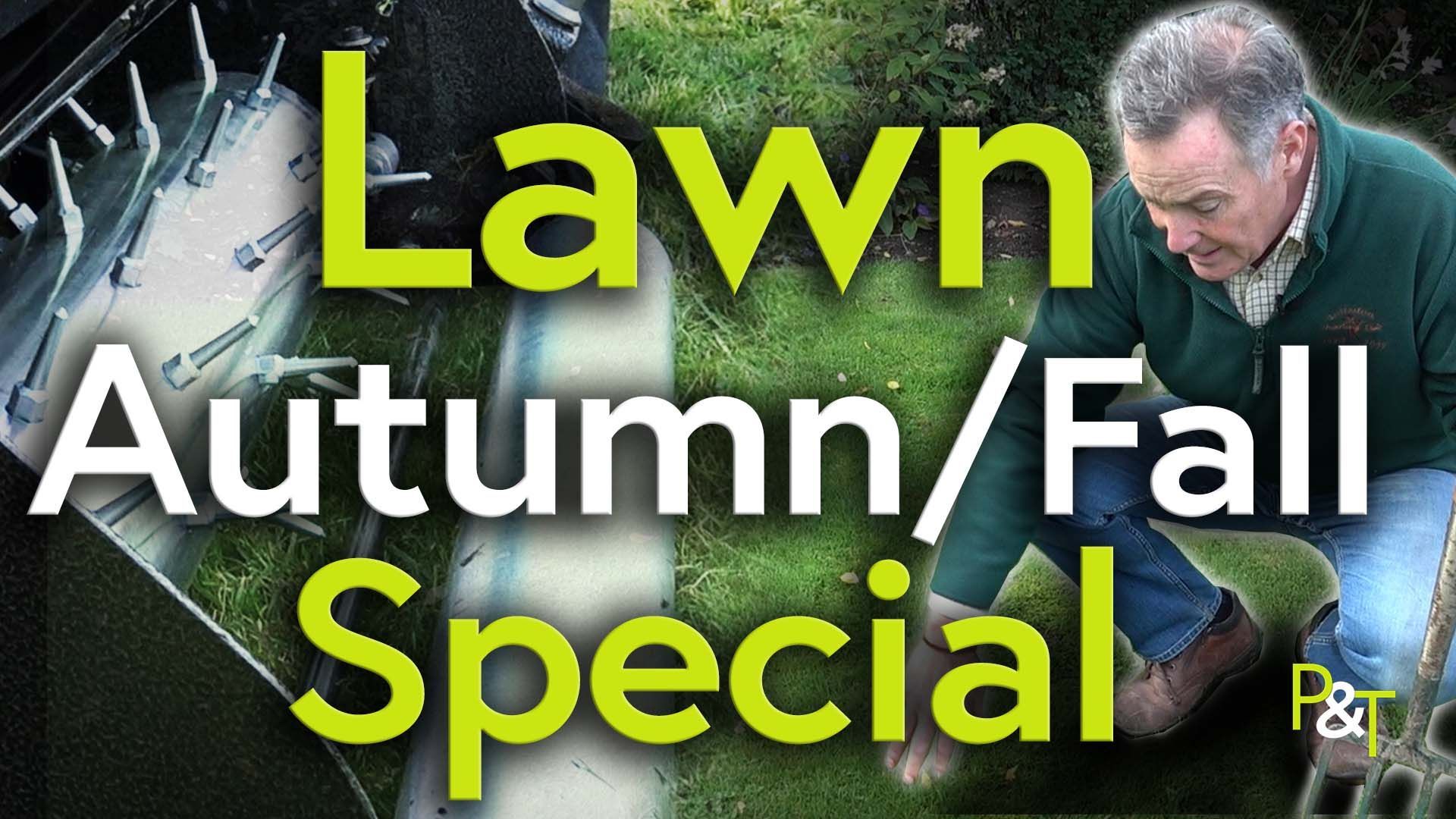 Martin crouches on the lawn gesturing at some moss and weeds, to the left is a large closeup of a spiker/aeration cartridge fitted to a Cobra Fortis Mower and in front of it all is the text
